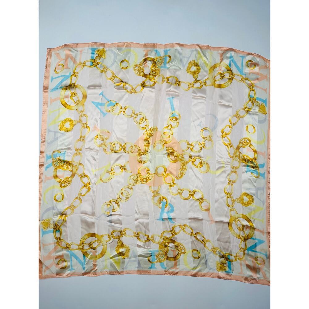 Vintage Nina Ricci Silk Scarf with Gold Charm Bracelet Detail Blush Pink 34”x34”